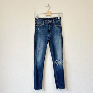 MOTHER High Waisted Looker Ankle Fray Jeans Cat Attack Blue Denim